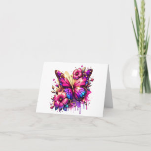 Carte Papillon rose et pourpre et Merci de fleurs