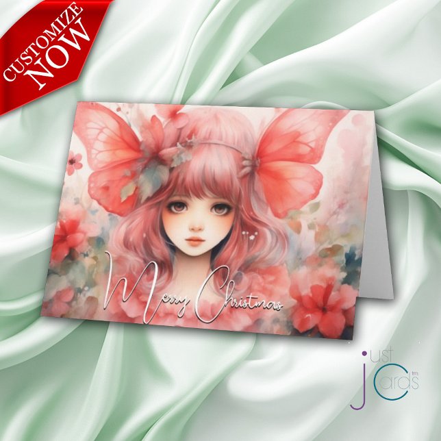 Carte Papillon Rouge Pixie Noël Fêtes  (Customizable Text)