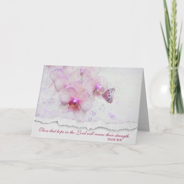 Carte Papillon sur orchidée rose avec versets bibliques (Devant)