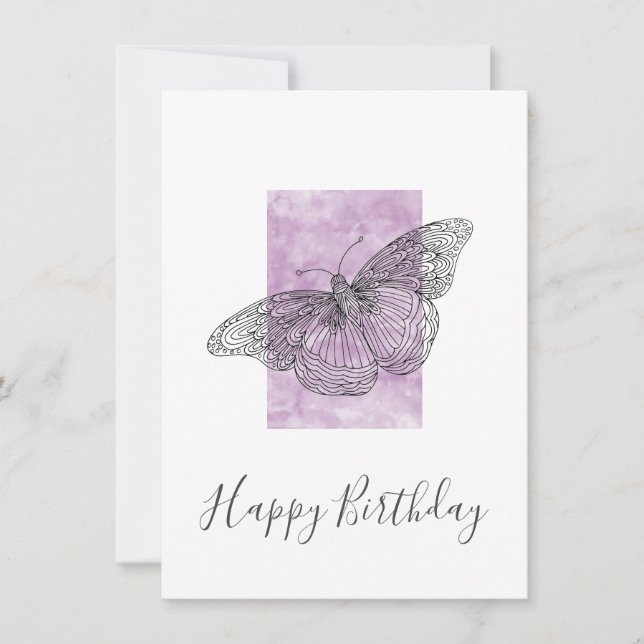 Carte Papillon tiré à la main, Aquarelle de prune Abstra (Devant)