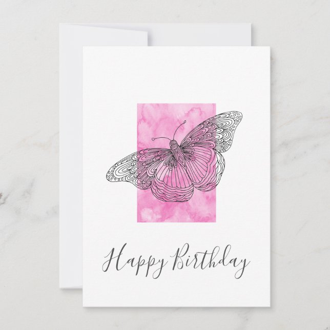 Carte Papillon tiré à la main, Aquarelle rose Abstrait (Devant)