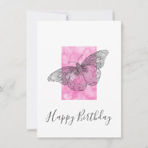 Carte Papillon tiré à la main, Aquarelle rose Abstrait