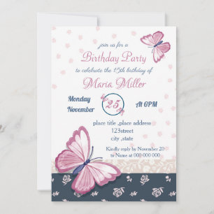 Carte papillons bleu marine rose fête d'anniversaire