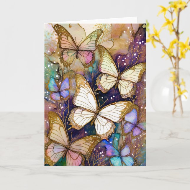 Carte papillons brun et bleu (Fleur jaune)