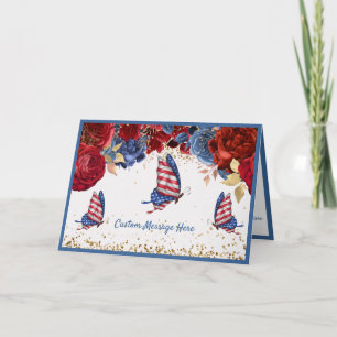Carte Papillons du drapeau américain Fleurs de rose roug