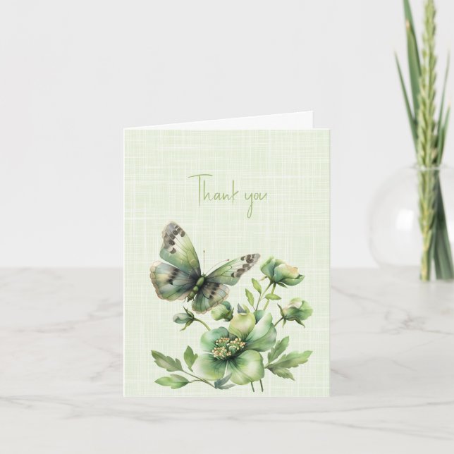 Carte Papillons et fleurs verts Merci (Devant)