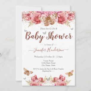 Carte Papillons floraux Baby shower rose