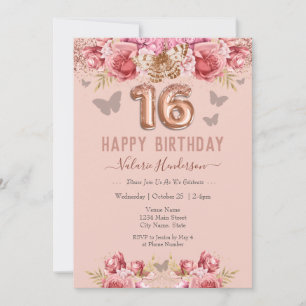 Carte Papillons floraux rose joyeux 16e anniversaire