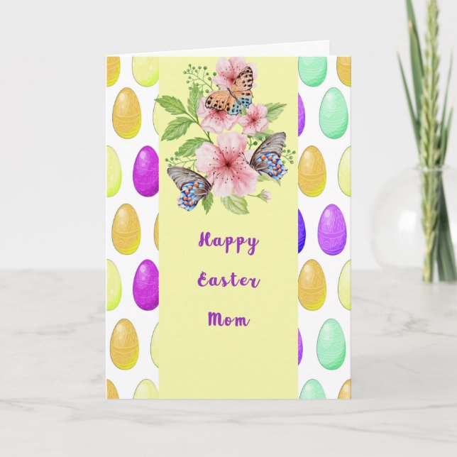 Carte Pâques avec fleurs, oeufs et papillons pour maman (Devant)