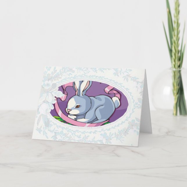 Carte Pâques Bunny Et Ribbon Rose (Devant)