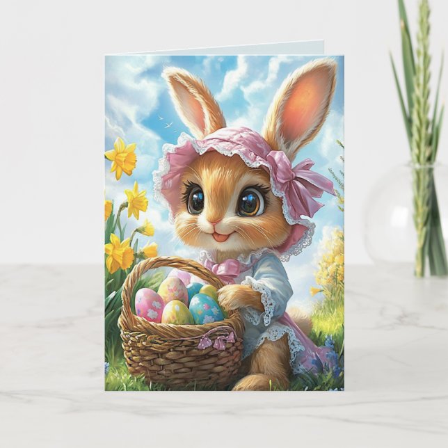 Carte Pâques Bunny Pink Bonnet Oeufs de panier (Devant)