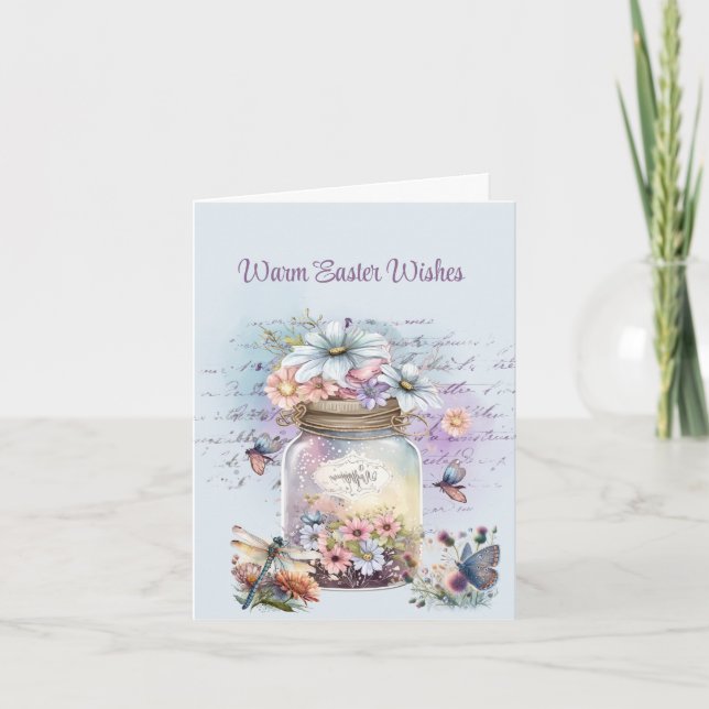 Carte Pâques Chaleureux Souhaits Jar de Fleurs Papillons (Devant)