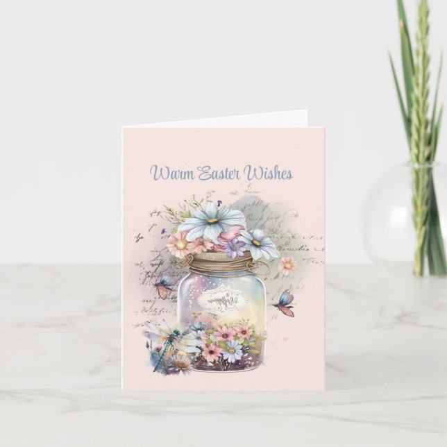 Carte Pâques Chaleureux Souhaits Jar de Fleurs Papillons (Devant)