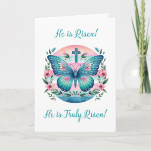 Carte Pâques Christian Risen Lord Butterfly en rose Turq