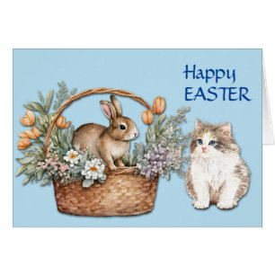 Carte Pâques Cute Kitten et Bunny