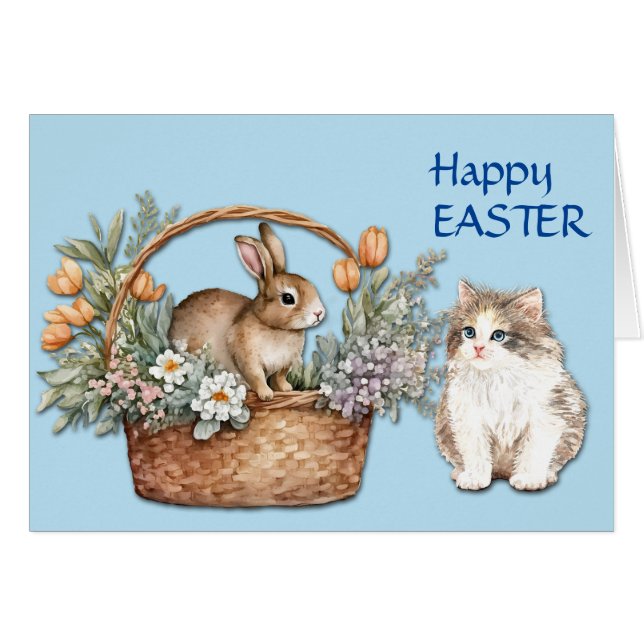 Carte Pâques Cute Kitten et Bunny (Devant horizontal)