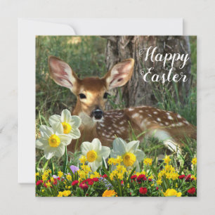 Carte Paques Fleur de printemps et faon de cerf Jour fér