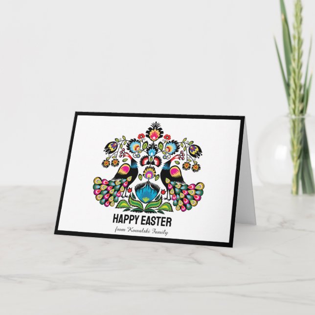 Carte Pâques Folklore avec paons, texte personnalisé (Devant)