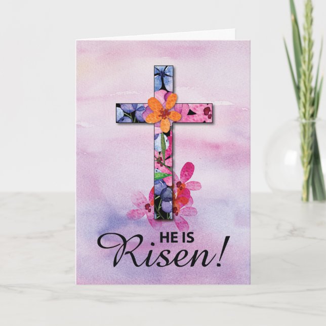 Carte Pâques il est ressuscité Croix Aquarelle Fleurs (Devant)
