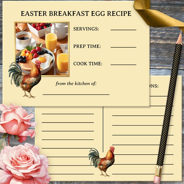 Carte Pâques Petit-déjeuner Rooster Egg Photo Recette Ca (Elegant Easter egg breakfast recipe card featuring your custom photo with a rooster.)