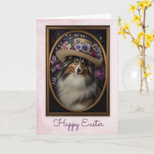Carte Pâques Sheltie tricolore (Fleur jaune)