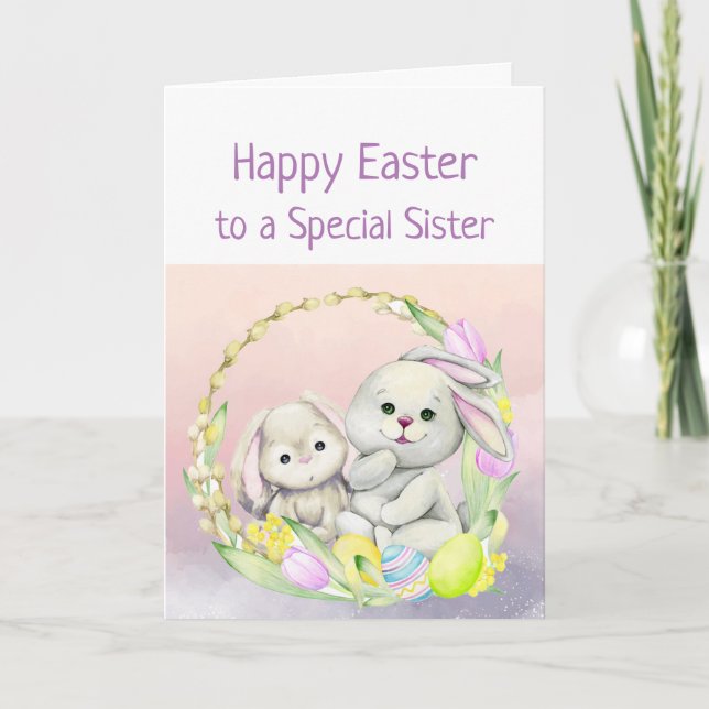Carte Pâques Souhaits SISTER mignons Animaux lapin (Devant)