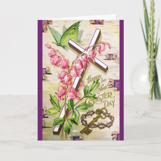 Carte Pâques vintage - Croix Florale (Devant)