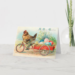 Carte Pâques vintage Poulet à vélo Oeuf de Pâques