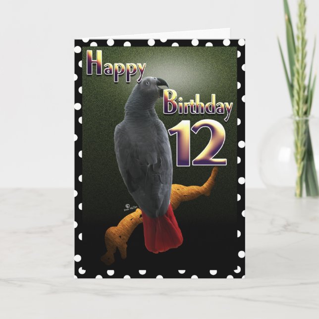 Carte Parrot Africain Gris /gris Joyeux 12 Anniversaire  (Devant)