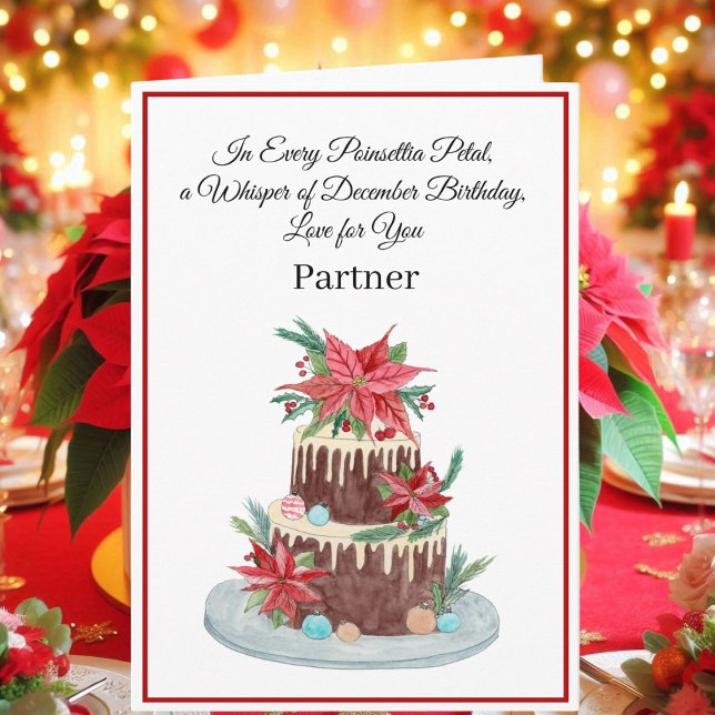 Carte Partenaire Décembre Anniversaire Gâteau Poinsettia (Créateur téléchargé)