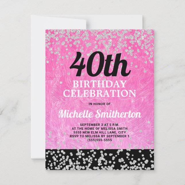 Carte Parties scintillant d'argent rose noir Adulte 40e  (Devant)