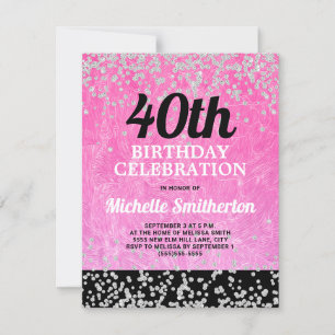 Carte Parties scintillant d'argent rose noir Adulte 40e 