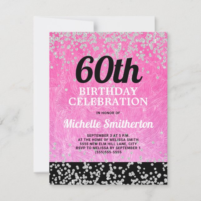 Carte Parties scintillant d'argent rose noir Adulte 60e  (Devant)
