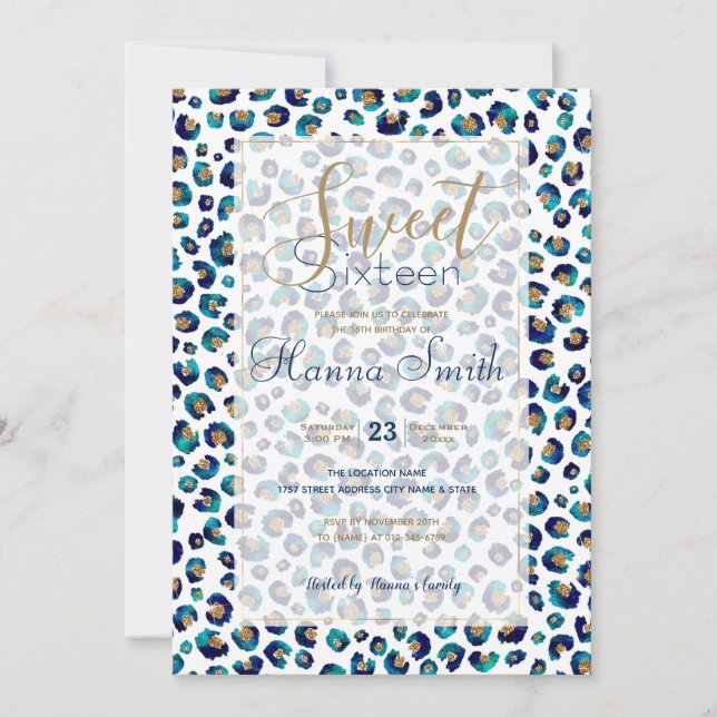 Carte Parties scintillant d'or bleu Motif Leopard (Devant)