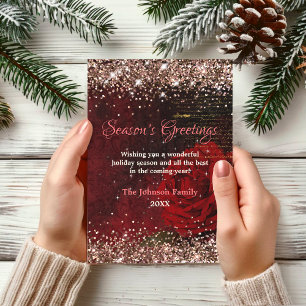 Carte Parties scintillant d'or de fleur rouge chic Noël 