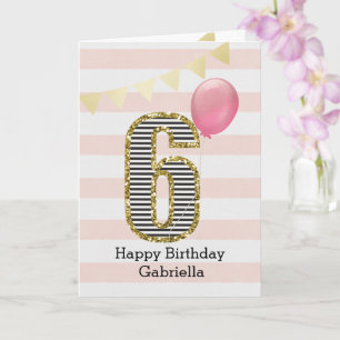 Carte Parties scintillant d'or et 6e anniversaire rose