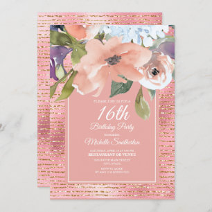 Carte Parties scintillant d'or rose bleu floral fille 16
