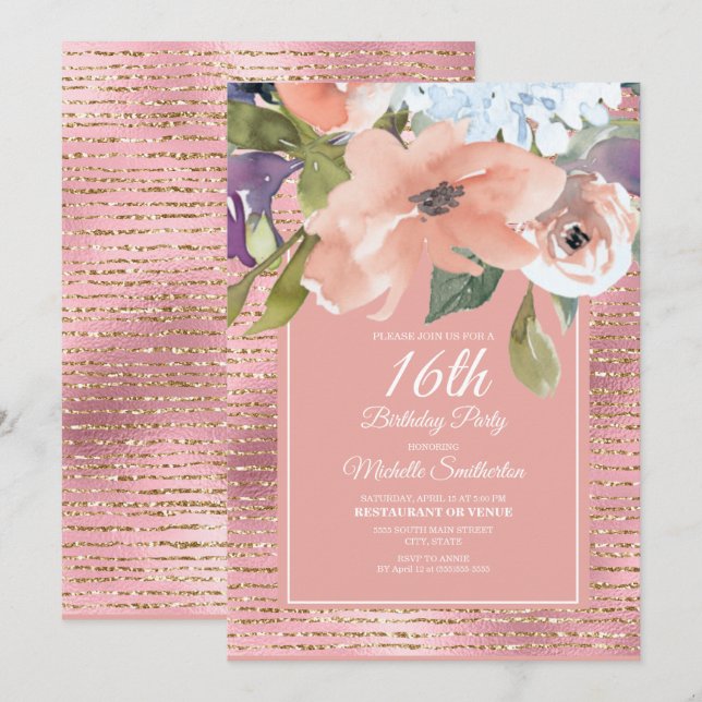 Carte Parties scintillant d'or rose bleu floral fille 16 (Devant / Derrière)
