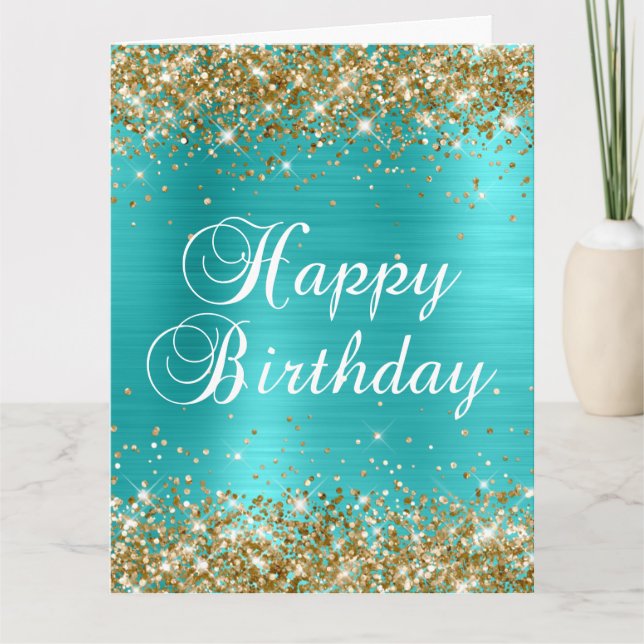 Carte Parties scintillant d'or Turquoise Bleu Grand Joye (Devant)