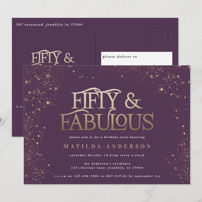 Carte Parties scintillant dorée violet 50 et fabuleuse f (Devant / Derrière)