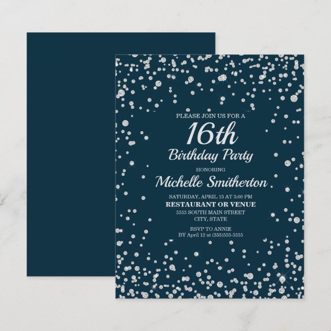 Carte Parties scintillant en argent bleu marine Doux 16  (Devant / Derrière)