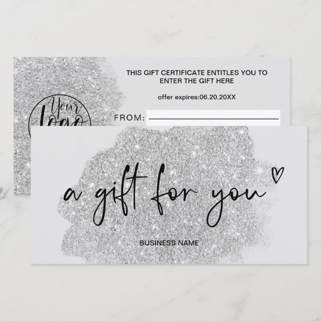 Carte parties scintillant en argent logo cadeau certific (Devant / Derrière)
