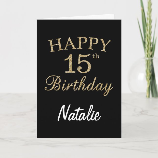 Carte Parties scintillant noire et or 15e anniversaire C (Devant)