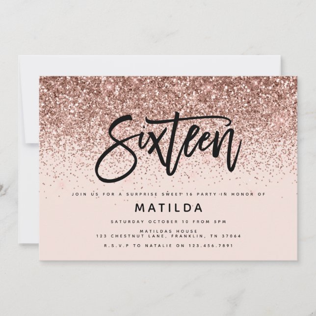 Carte parties scintillant rose en or girly surprise douc (Devant)