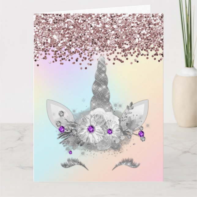 Carte Parties scintillant rose et licorne d'argent (Devant)