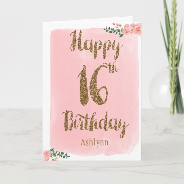 Carte Parties scintillant rose et or 16e anniversaire (Devant)
