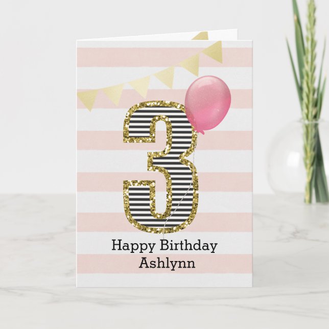 Carte Parties scintillant rose et or 3ème anniversaire f (Devant)