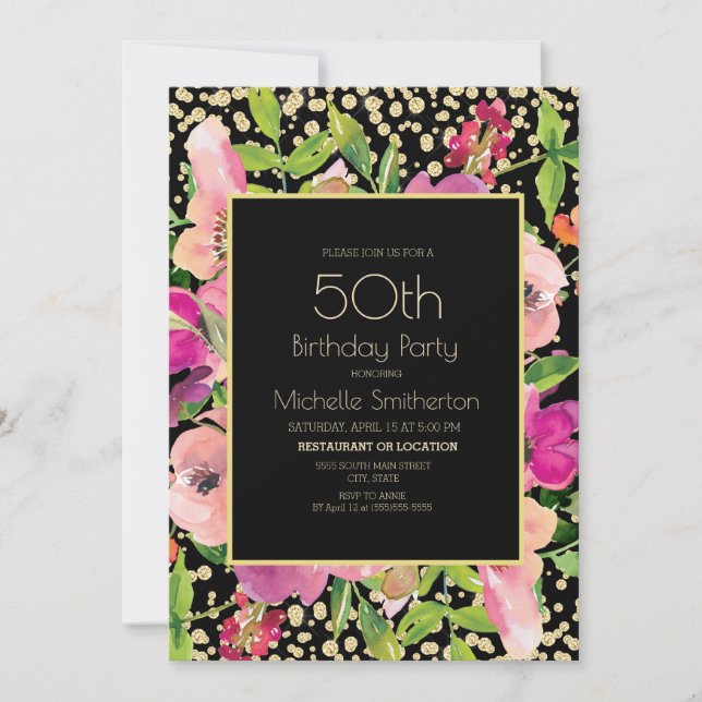 Carte Parties scintillant rose Floral Black Gold 50e ann (Devant)