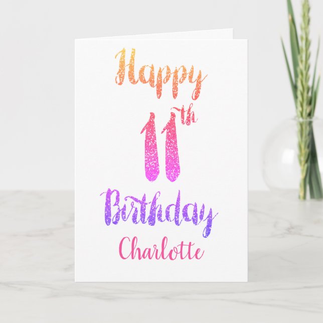 Carte Parties scintillant rose violet Joyeux 11e anniver (Devant)