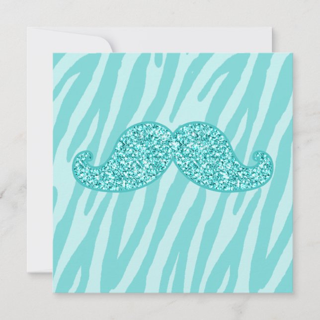 Carte Parties scintillant TURQUOISE FILLE MUSTACHE ZEBRA (Devant)
